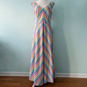 ESHAKTI MULTICOLOR RAINBOW STRIPED MAXI DRESS SEERSUCKER CREPE COTTON (SIZE 12)